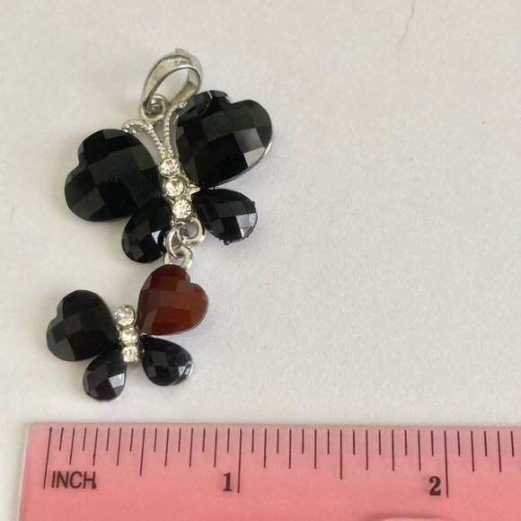 Vintage Black Acrylic Butterfly Necklace Pendant Silver Plated Jeweled Cut 18" - Picture 8 of 8